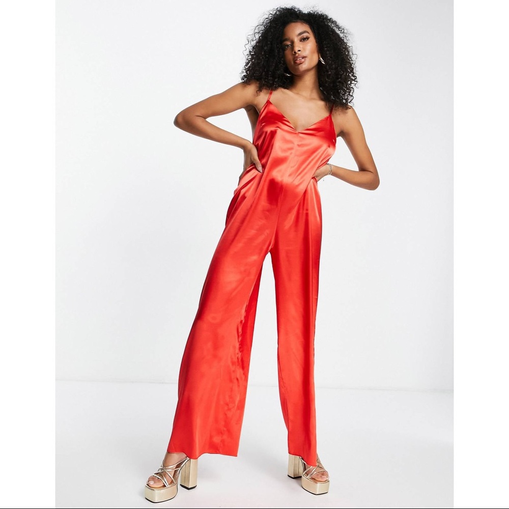ASOS DESIGN ultimate satin cami wide leg jumpsuit in red